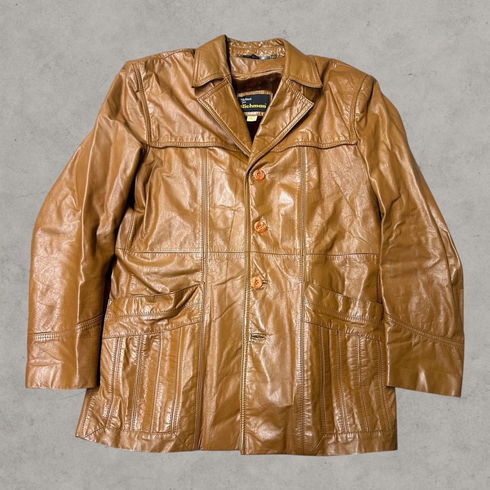 Richman Brothers Leather Car Coat Mens 42 Brown 70s Vintage Fur Lined Fight Club